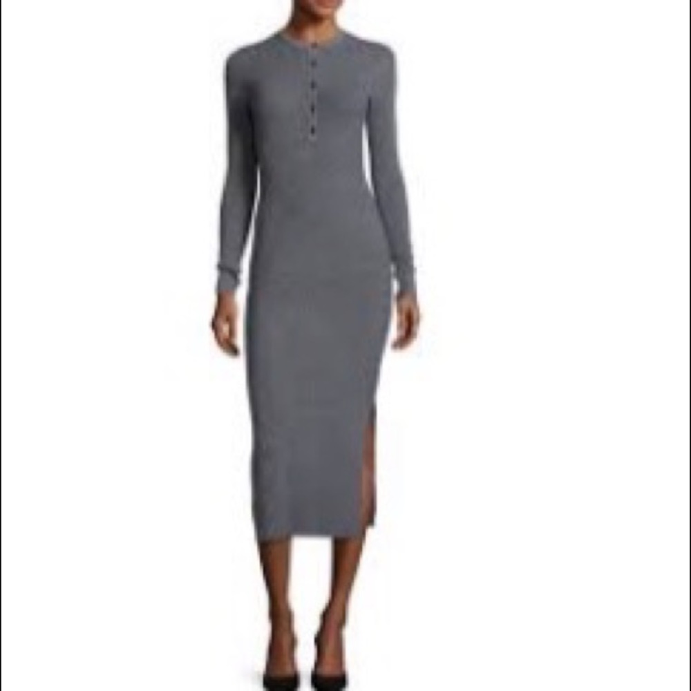 Theory Lilyara Volt Henley ribbed knit Midi Dress long sleeve‎ sides slit